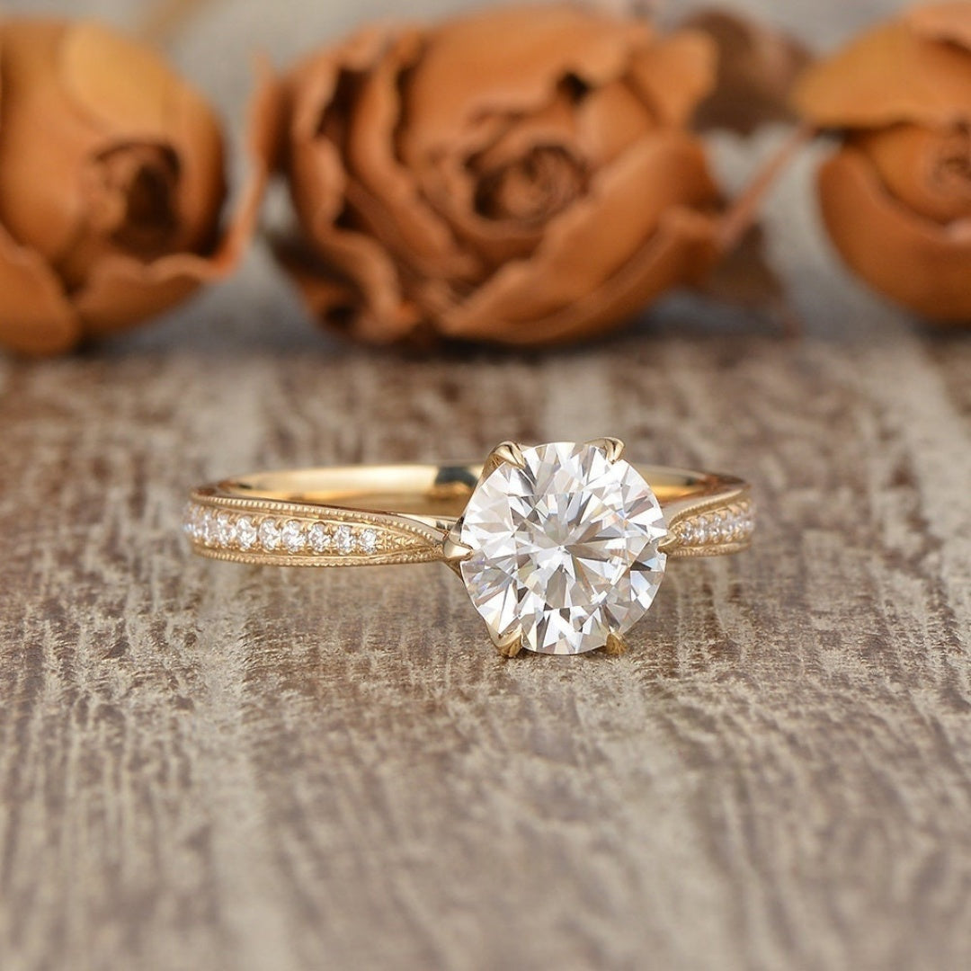 10K Gold Lab Grown Diamond CVD 3CT Round-Cut Six Prongs Flower Star Anniversary Tapered Milgrain Band Antique