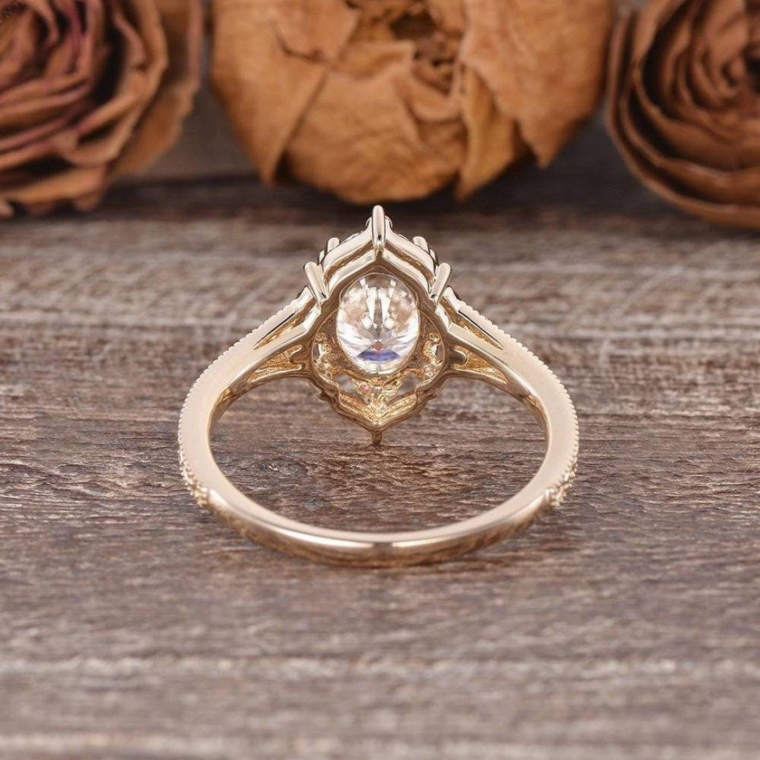 18K Gold Lab Grown Diamond CVD 3CT Oval-Cut Women Floral Vine Art Deco Anniversary Ring