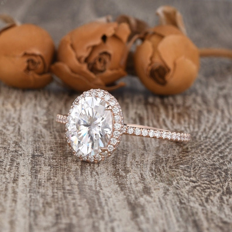 14K Gold Lab Grown Diamond CVD 1CT Oval-Cut Hidden Halo Paved Band Engagement Ring