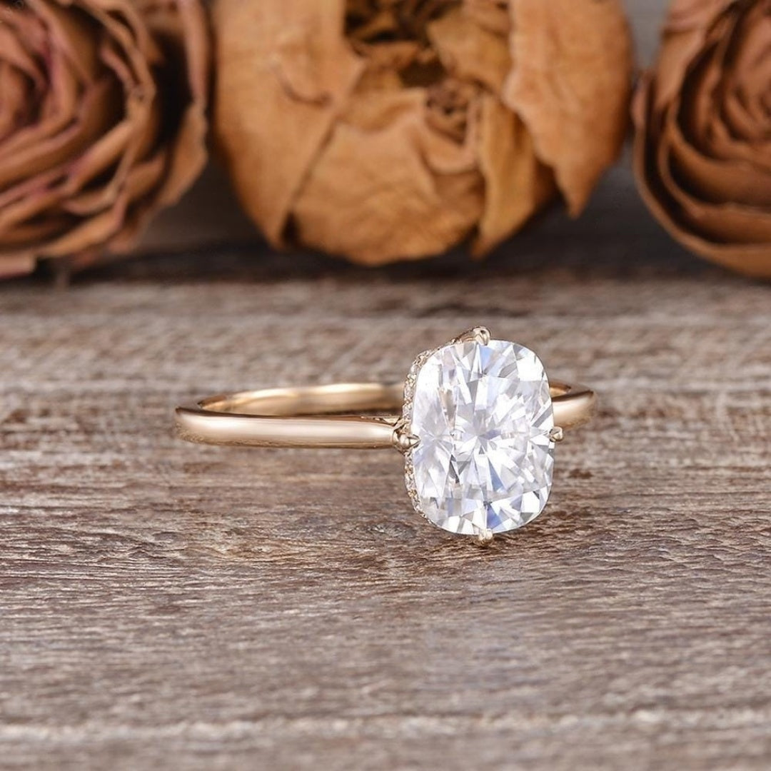 10K Gold Lab Grown Diamond 3CT Elongated Cushion Hiddden Halo Simple Wedding Ring
