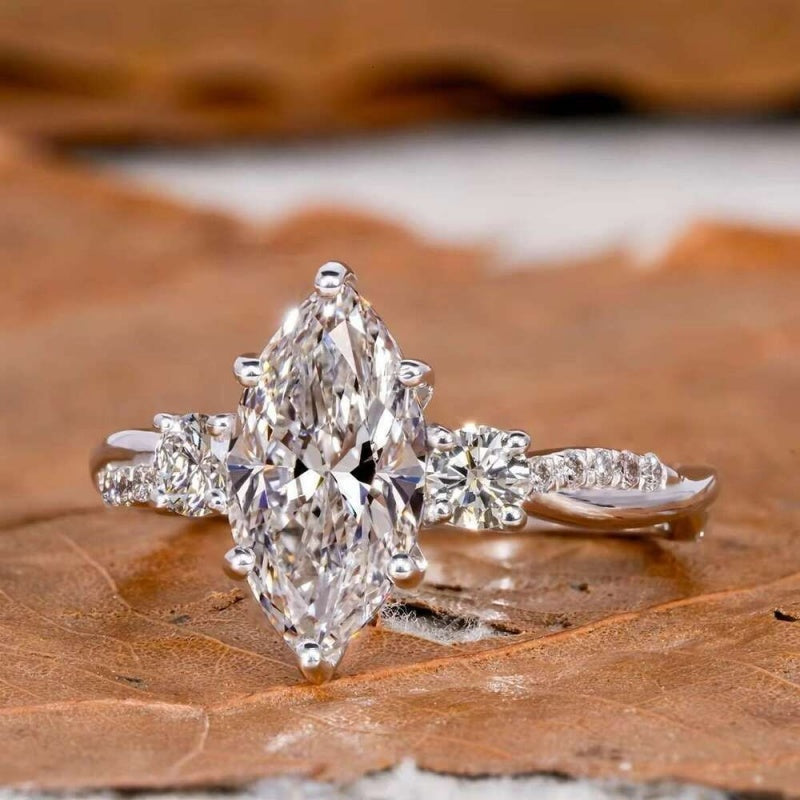 14K Gold Lab Grown Diamond CVD 2CT Marquise-Cut Promise Ring Elegant Statement Gift