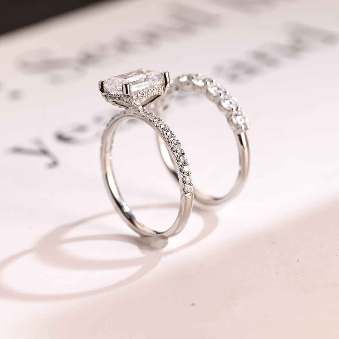 14K Gold Lab Grown Diamond CVD 2CT Emerald-Cut Engagement Ring Set For Birthday Gift