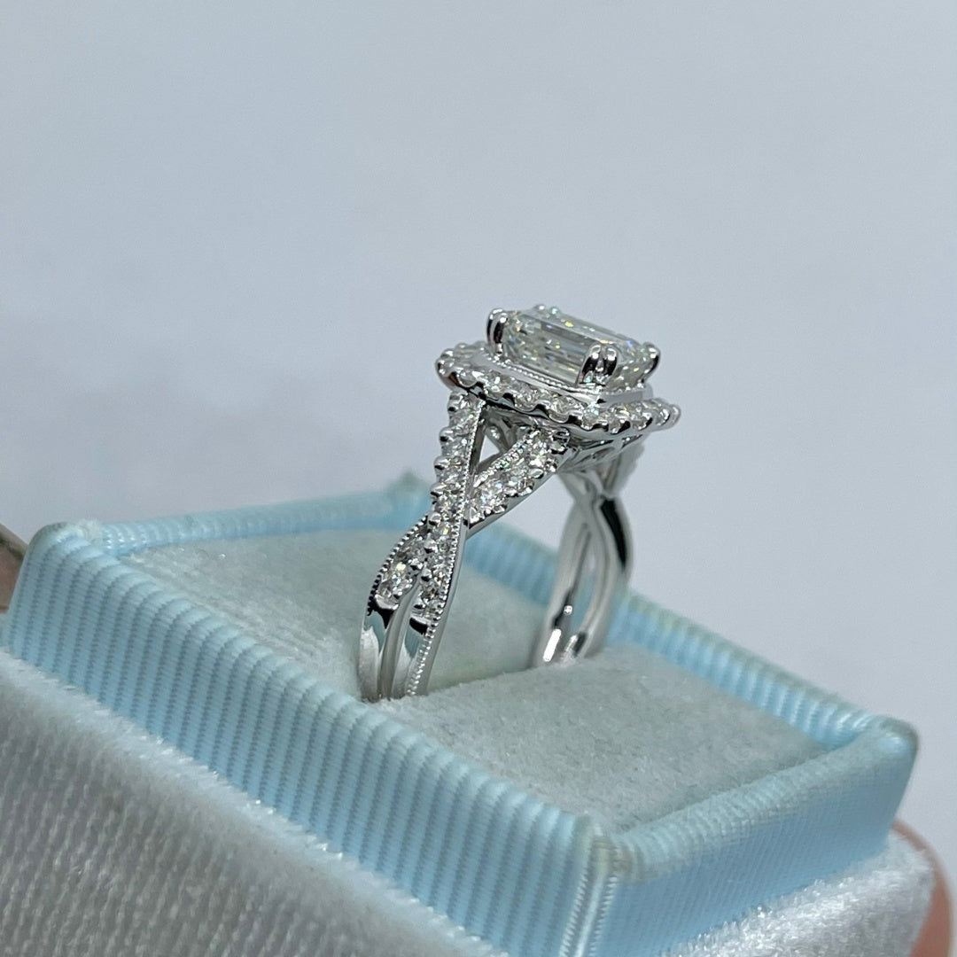 10K Gold Lab Grown Diamond CVD 1.5CT Emerald-Cut Halo Engagement Ring Art Deco Antique Design