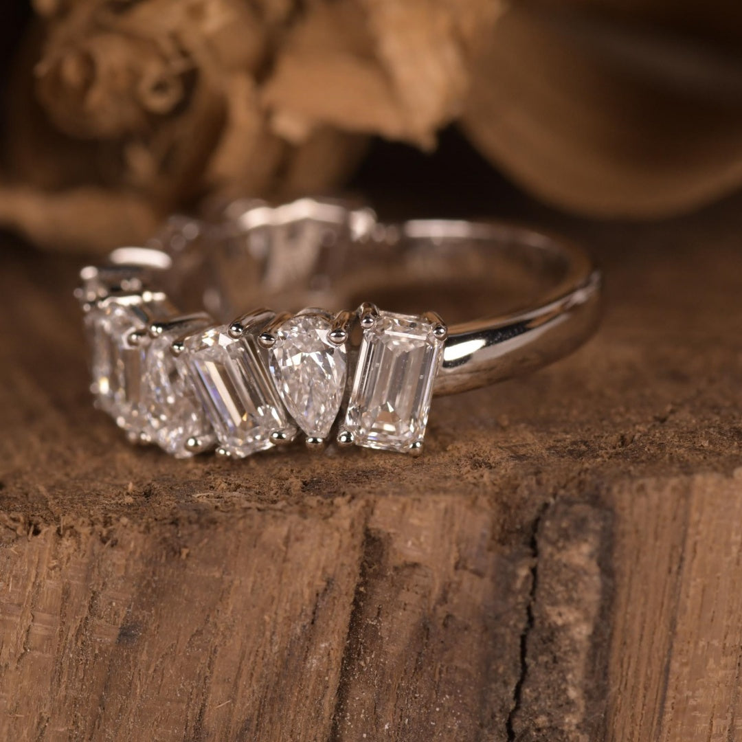 14K Gold Lab Grown Diamond CVD Pear and Emerald Cut Wedding Band