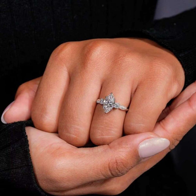 14K Gold Lab Grown Diamond CVD 2CT Marquise-Cut Promise Ring Elegant Statement Gift