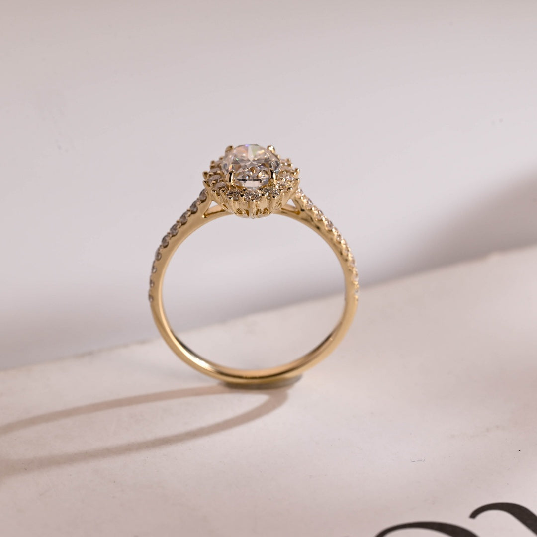 18K Gold Lab Grown Diamond CVD 1.5CT Oval-Cut Floral Halo Half Eternity Engagement Ring