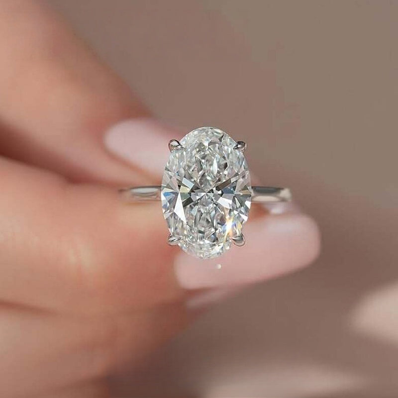 18K Gold Lab Grown Diamond CVD 3CT Oval-Cut Four Prong Setting High Gloss Engagement Ring