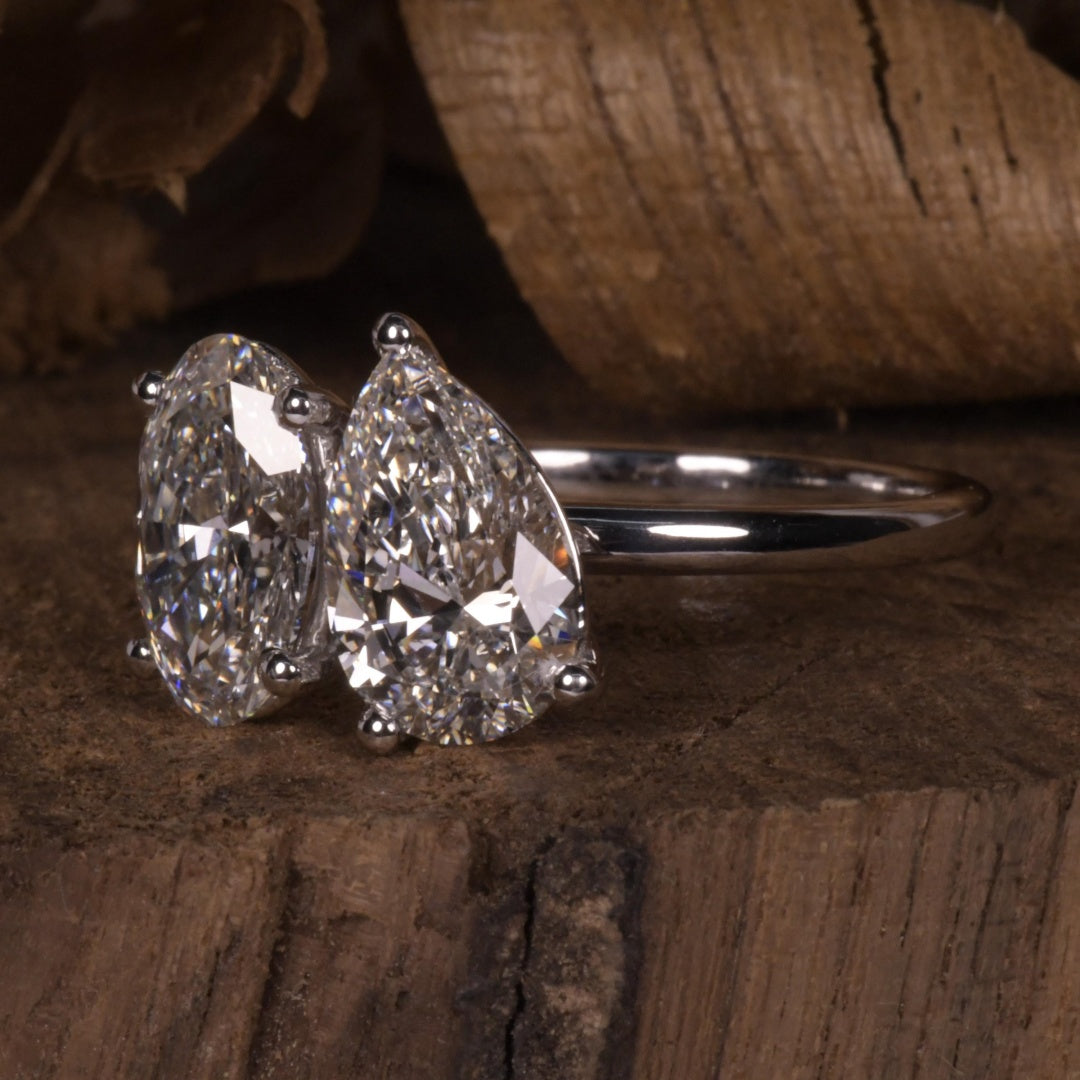 14K Gold Lab Grown Diamond CVD 4CT Ovla and Pear-Cut Toi et Moi Anniversary Ring Valentine’s Gift