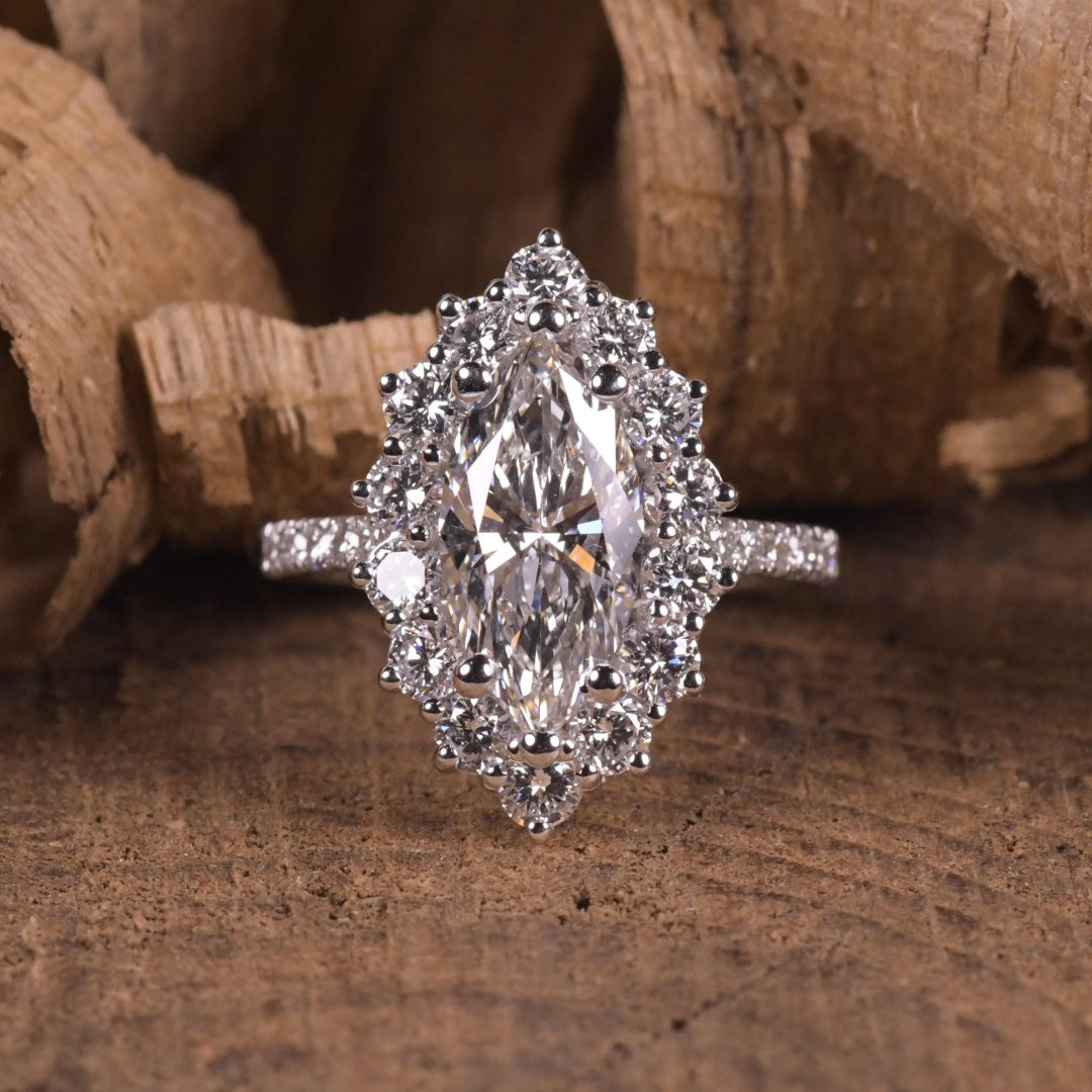 14K Gold Lab Grown Diamond CVD 2CT Marquise-Cut Round Halo Vintage Ring Royal Style