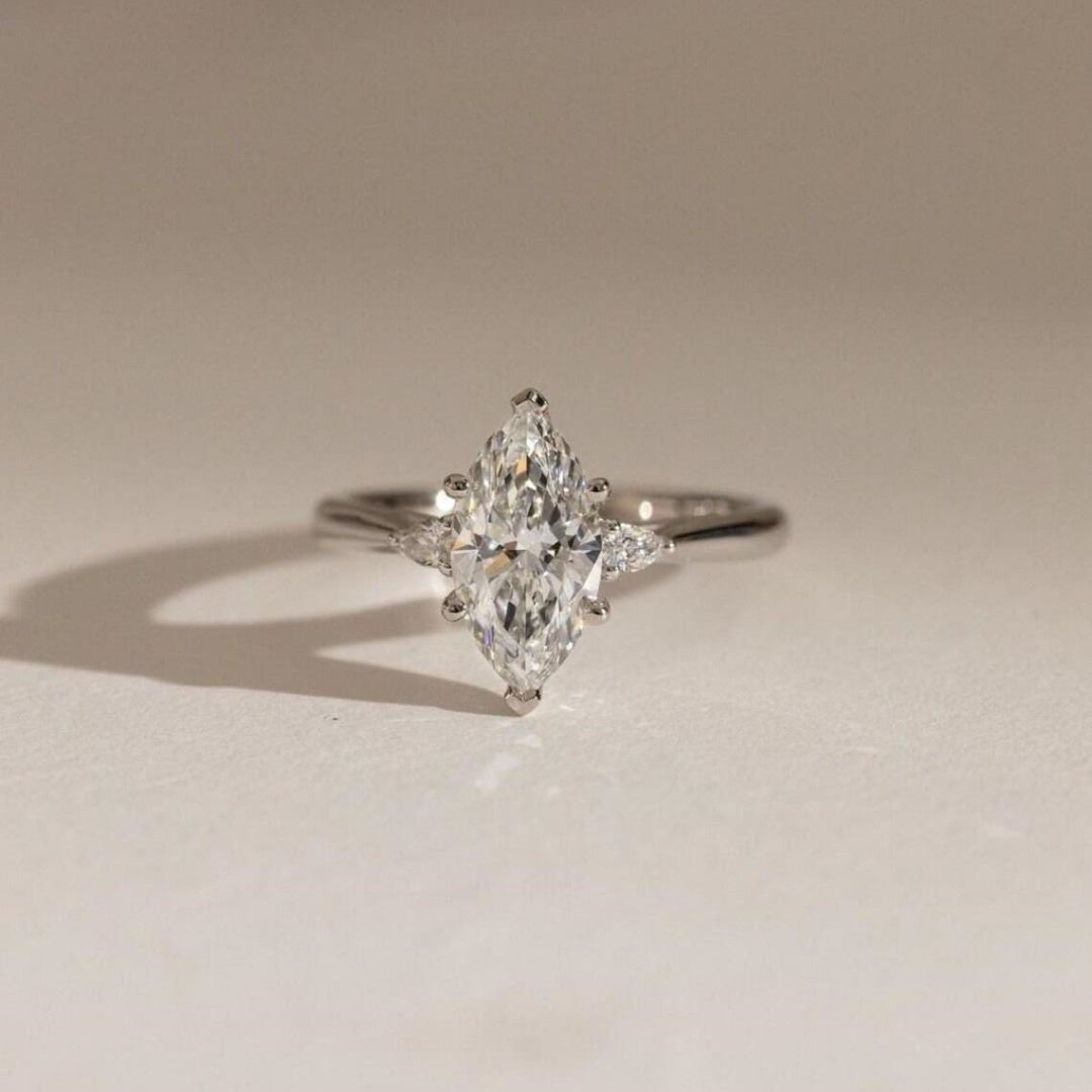 14K Gold Lab Grown Diamond CVD 2CT Marquise-Cut Three Stone Engagement Ring Gift For Her