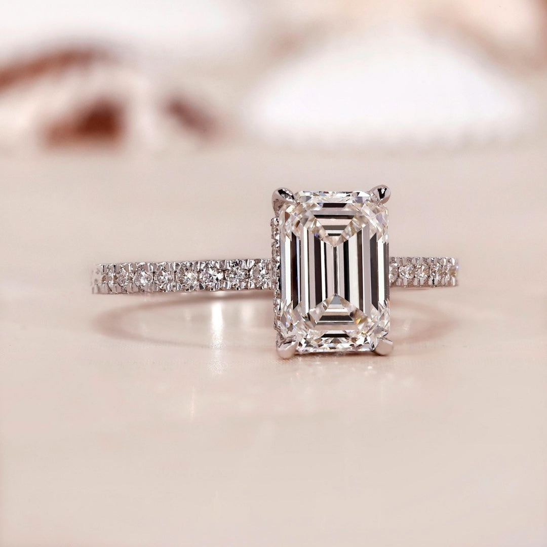 10K Gold Lab Grown Diamond CVD 2CT Emerald-Cut Hidden Halo Pave Band Engagement Ring