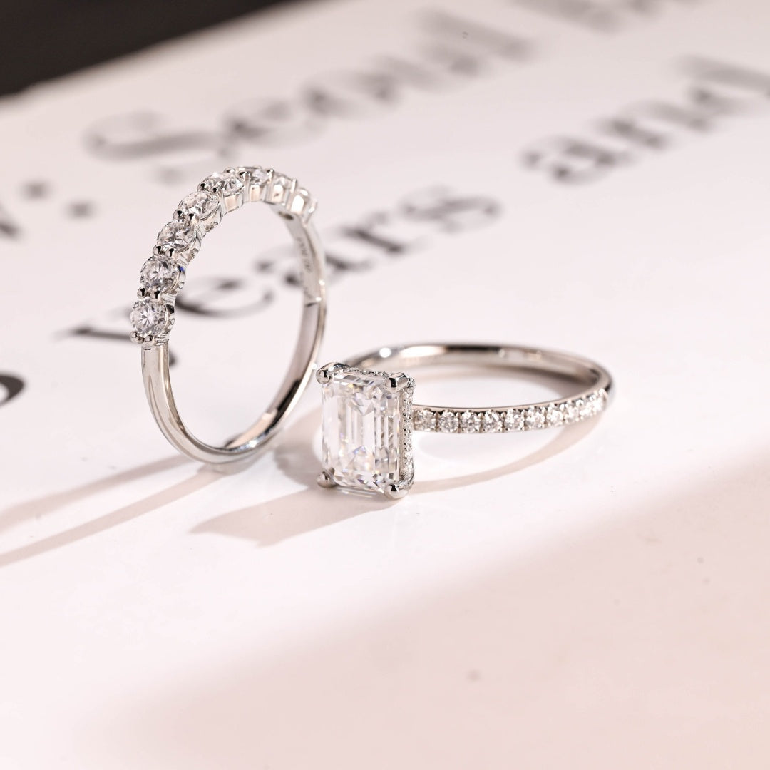 14K Gold Lab Grown Diamond CVD 2CT Emerald-Cut Engagement Ring Set For Birthday Gift
