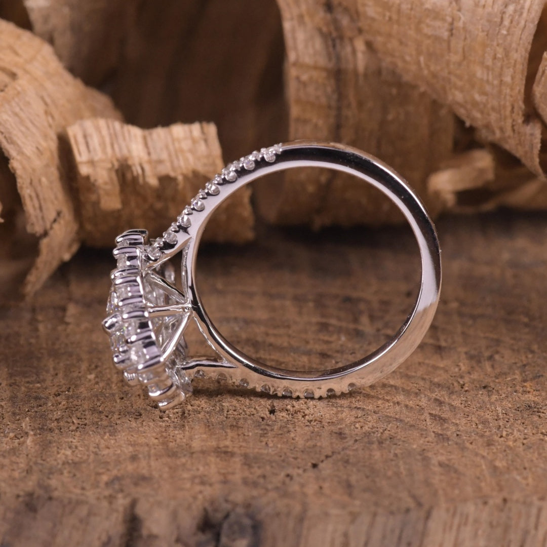 14K Gold Lab Grown Diamond CVD 2CT Marquise-Cut Round Halo Vintage Ring Royal Style