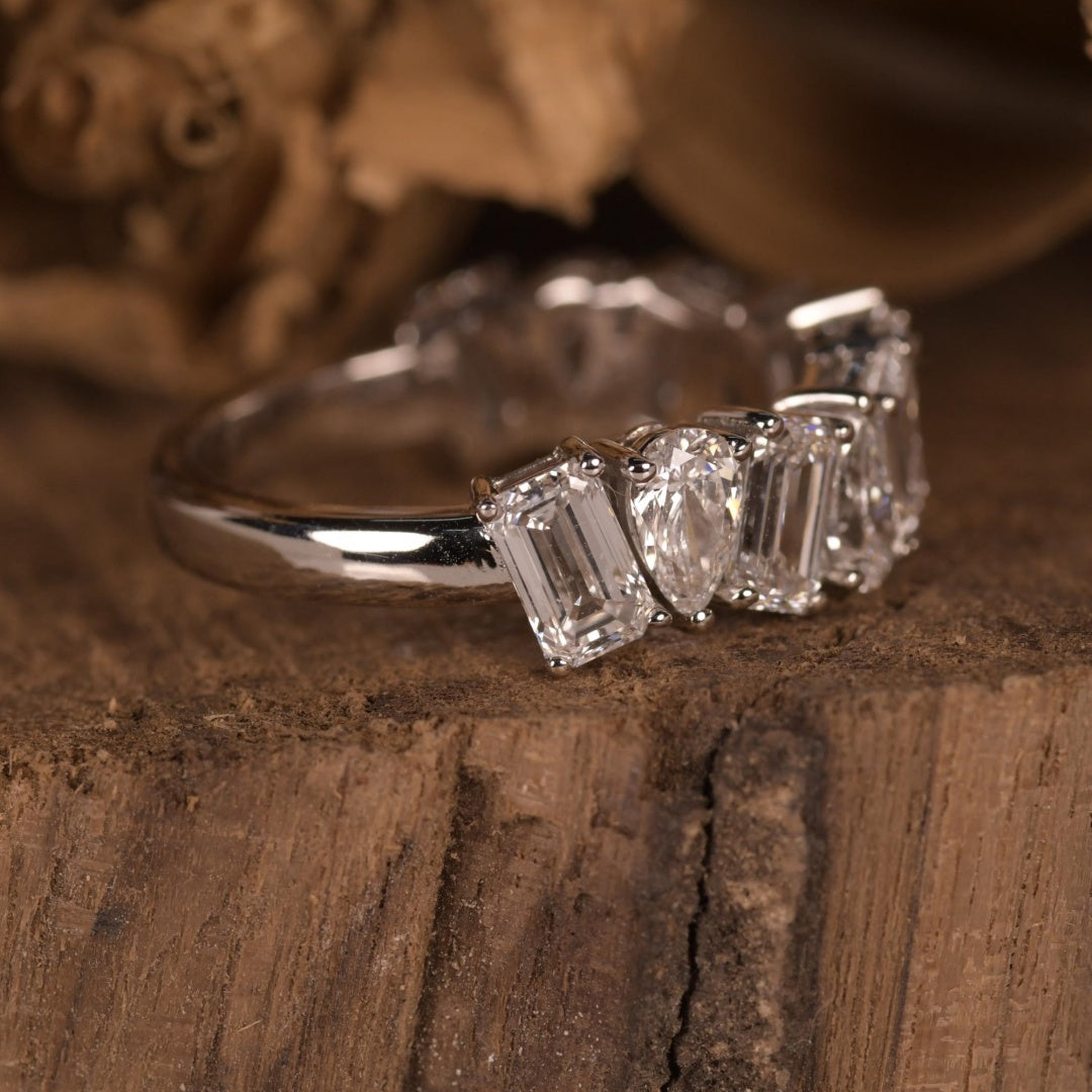14K Gold Lab Grown Diamond CVD Pear and Emerald Cut Wedding Band