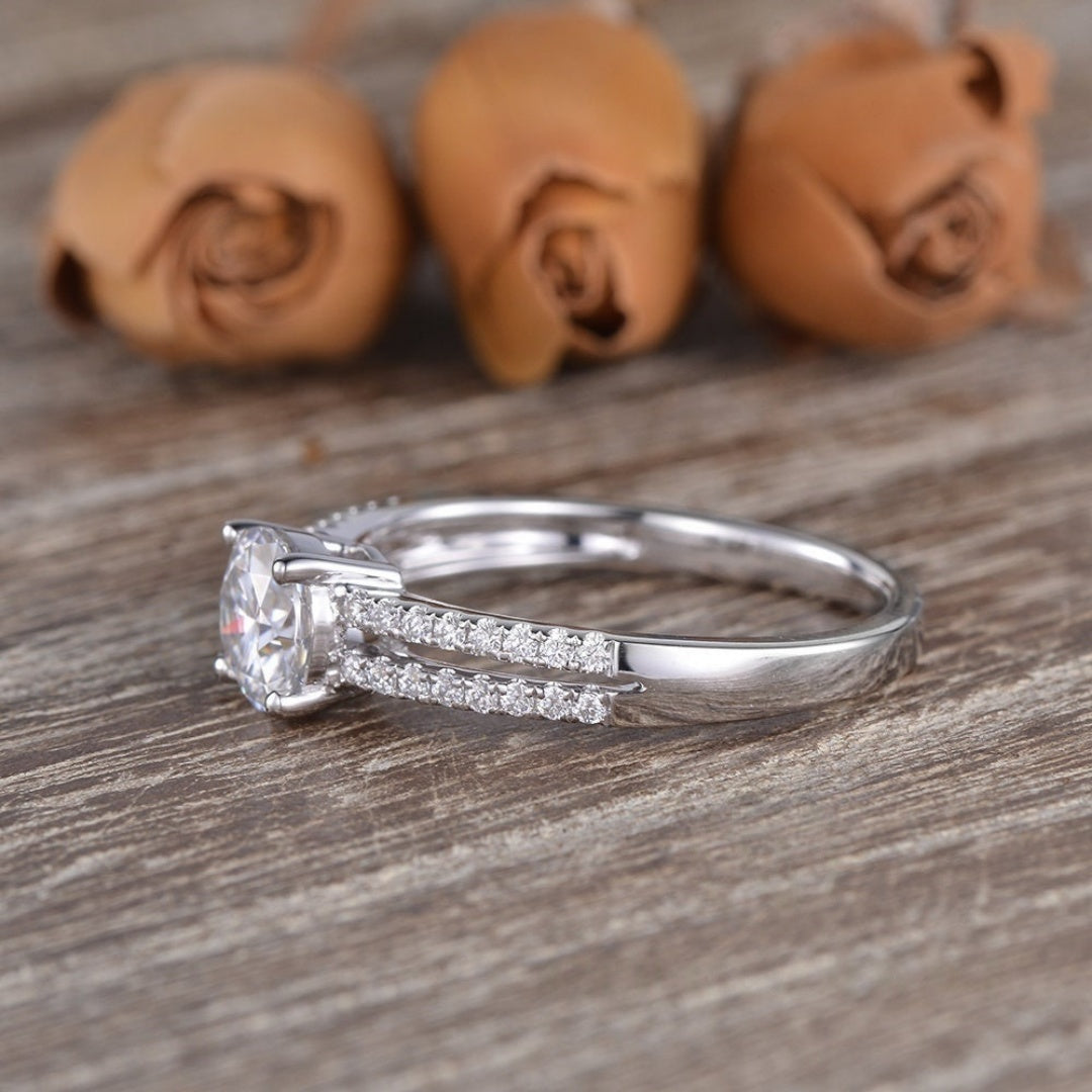 10K Gold Lab Grown Diamond CVD 2CT Round-Cut Bridal Ring Set For Her