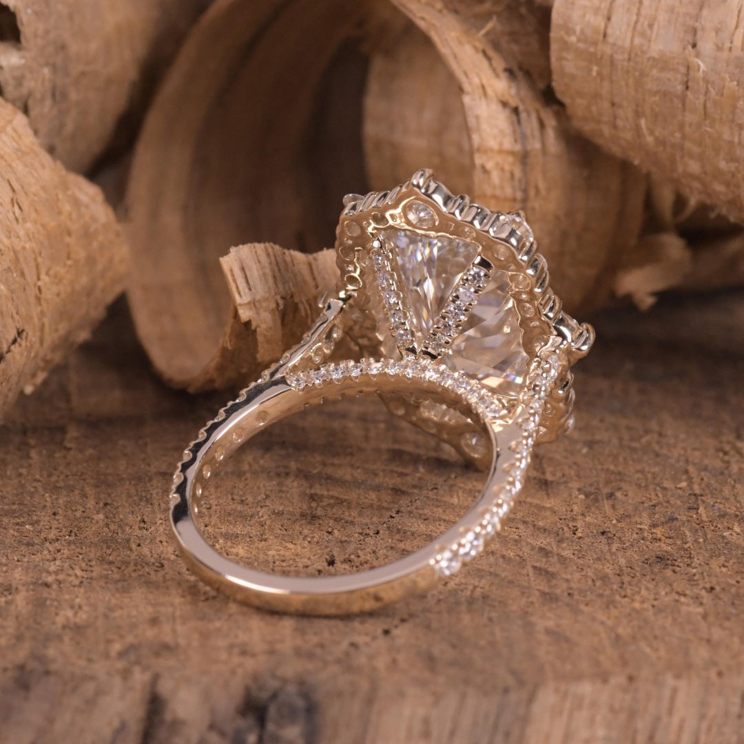 18K Gold Lab Grown Diamond CVD 3CT Radiant-Cut Round Halo Vintage Royal Ring