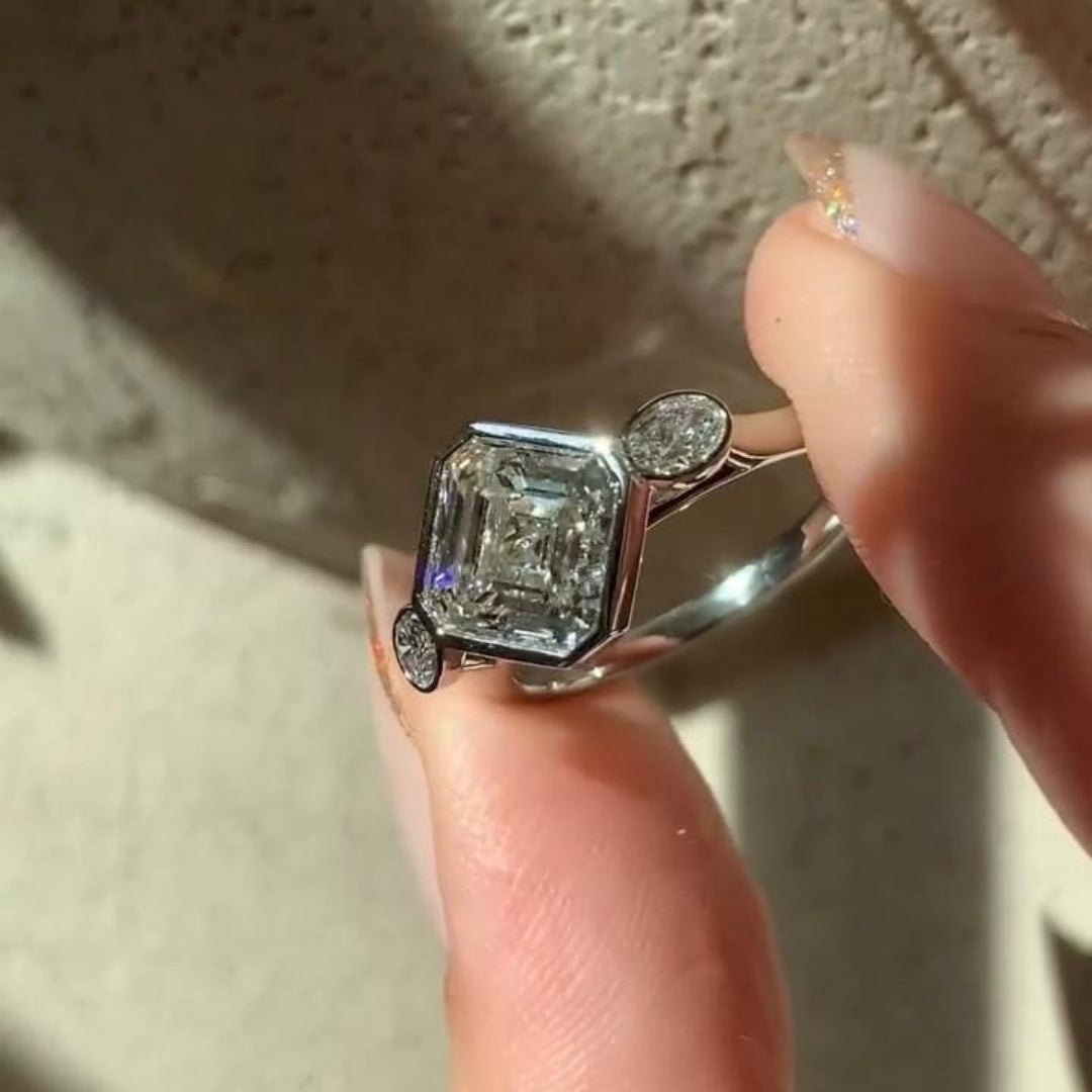 14K Gold Lab Grown Diamond CVD 2CT Princess-Cut Bezel Design Anniversary Ring