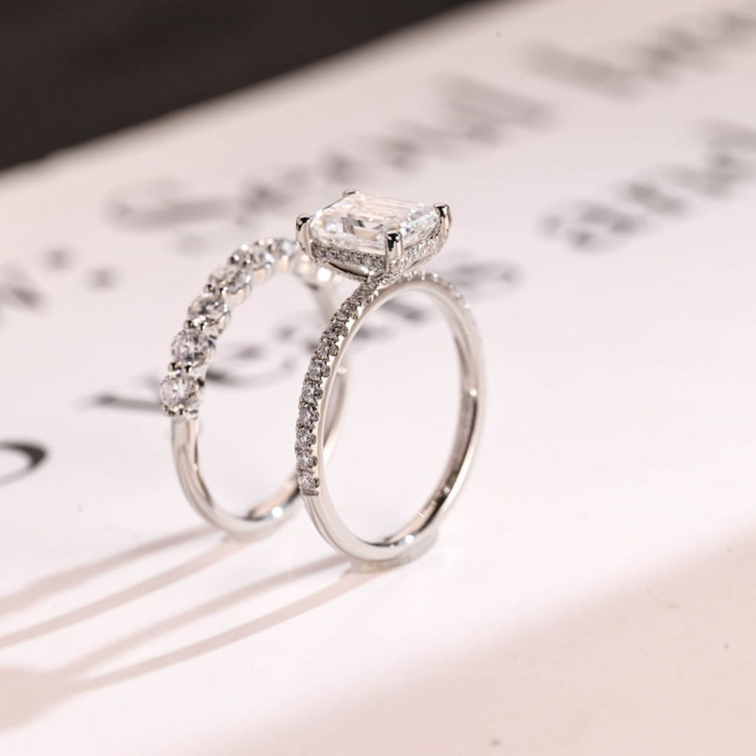 14K Gold Lab Grown Diamond CVD 2CT Emerald-Cut Engagement Ring Set For Birthday Gift
