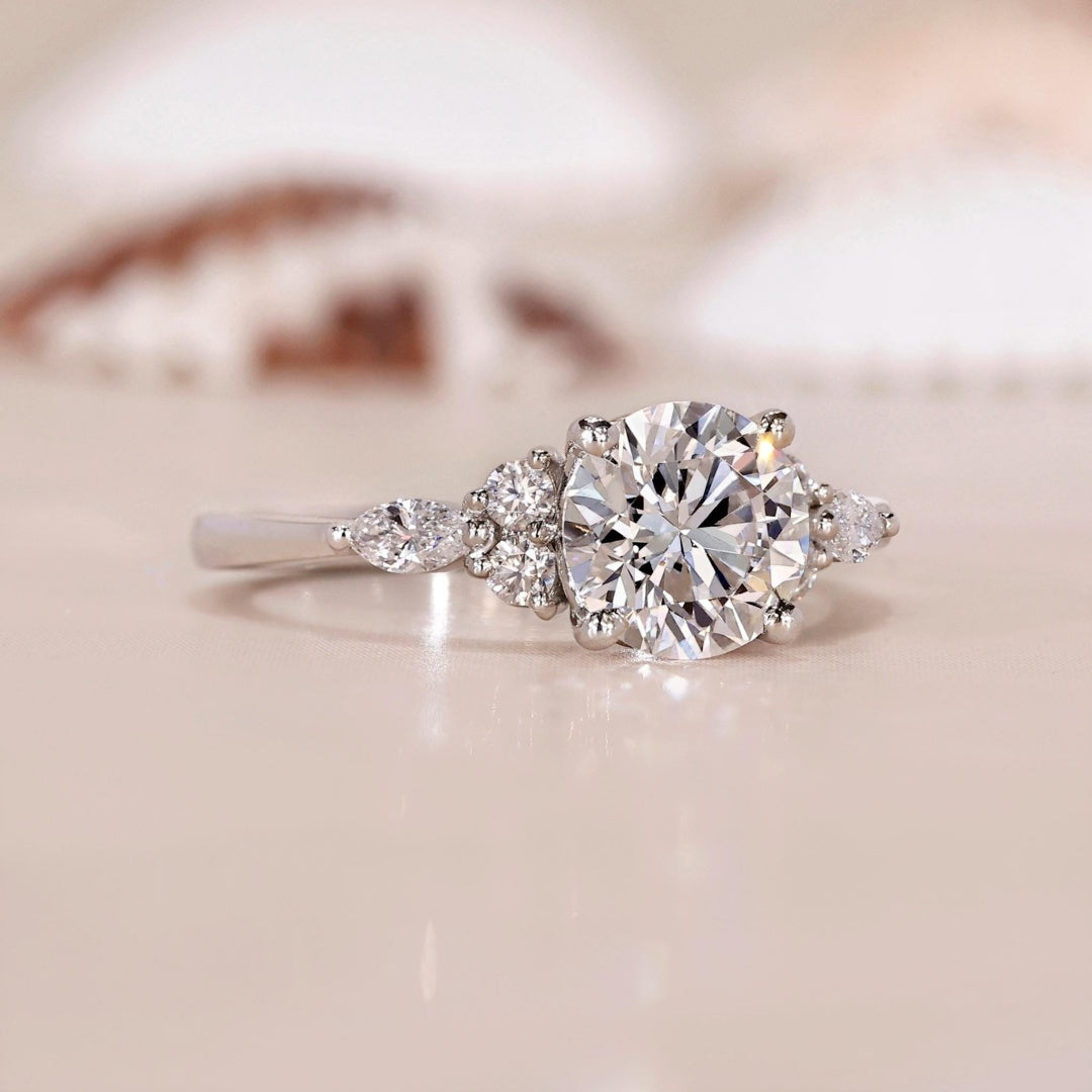 10K Gold Lab Grown Diamond CVD 2CT Round-Cut Side Stone Marquise Engagement Ring