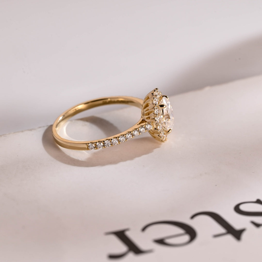 18K Gold Lab Grown Diamond CVD 1.5CT Oval-Cut Floral Halo Half Eternity Engagement Ring