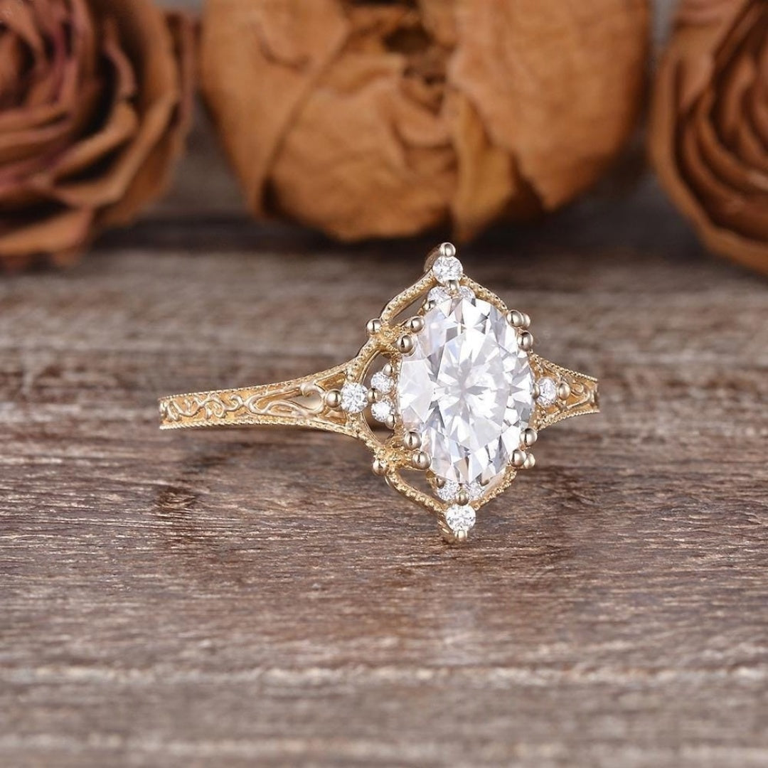 18K Gold Lab Grown Diamond CVD 3CT Oval-Cut Women Floral Vine Art Deco Anniversary Ring