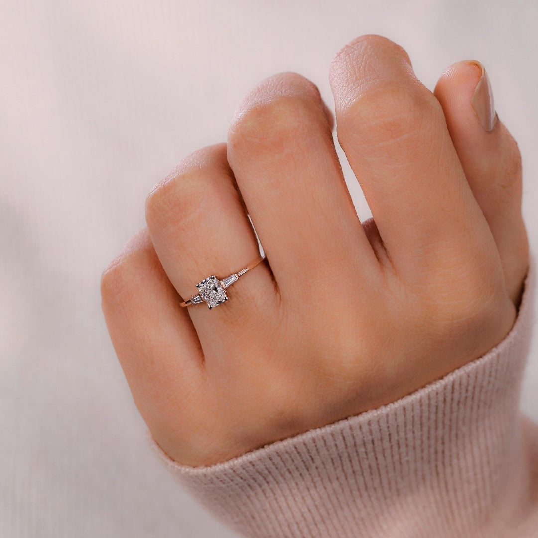 10K Gold Lab Grown Diamond CVD 2CT Radiant-Cut Tapered Baguette Accents Engagement Ring