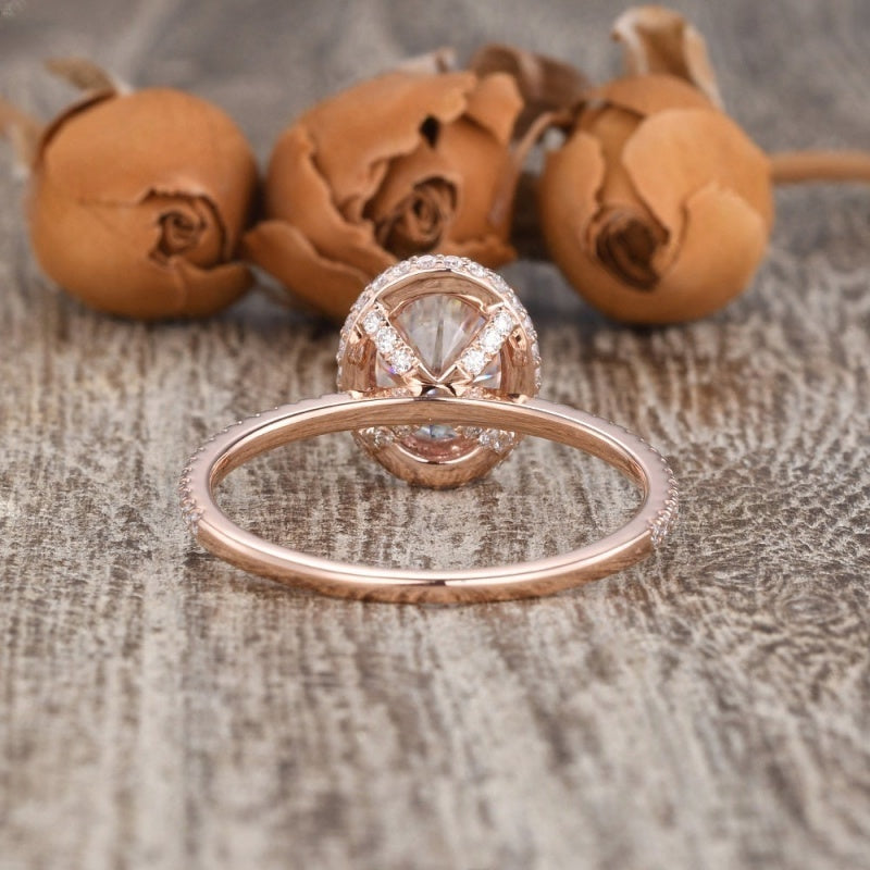 14K Gold Lab Grown Diamond CVD 1CT Oval-Cut Hidden Halo Paved Band Engagement Ring