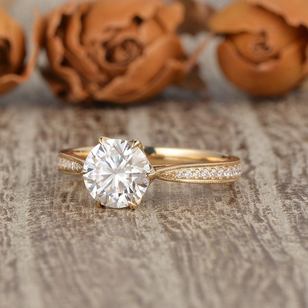 10K Gold Lab Grown Diamond CVD 3CT Round-Cut Six Prongs Flower Star Anniversary Tapered Milgrain Band Antique