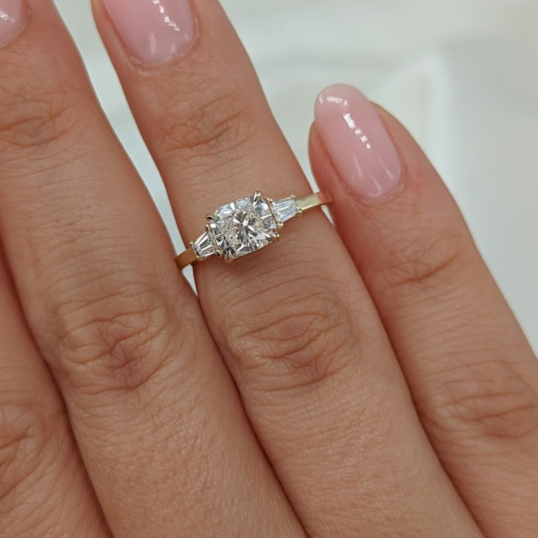 14K Gold Lab Grown Diamond CVD 1.5CT Cushion-Cut Tapered Baguette Sides Promise Ring