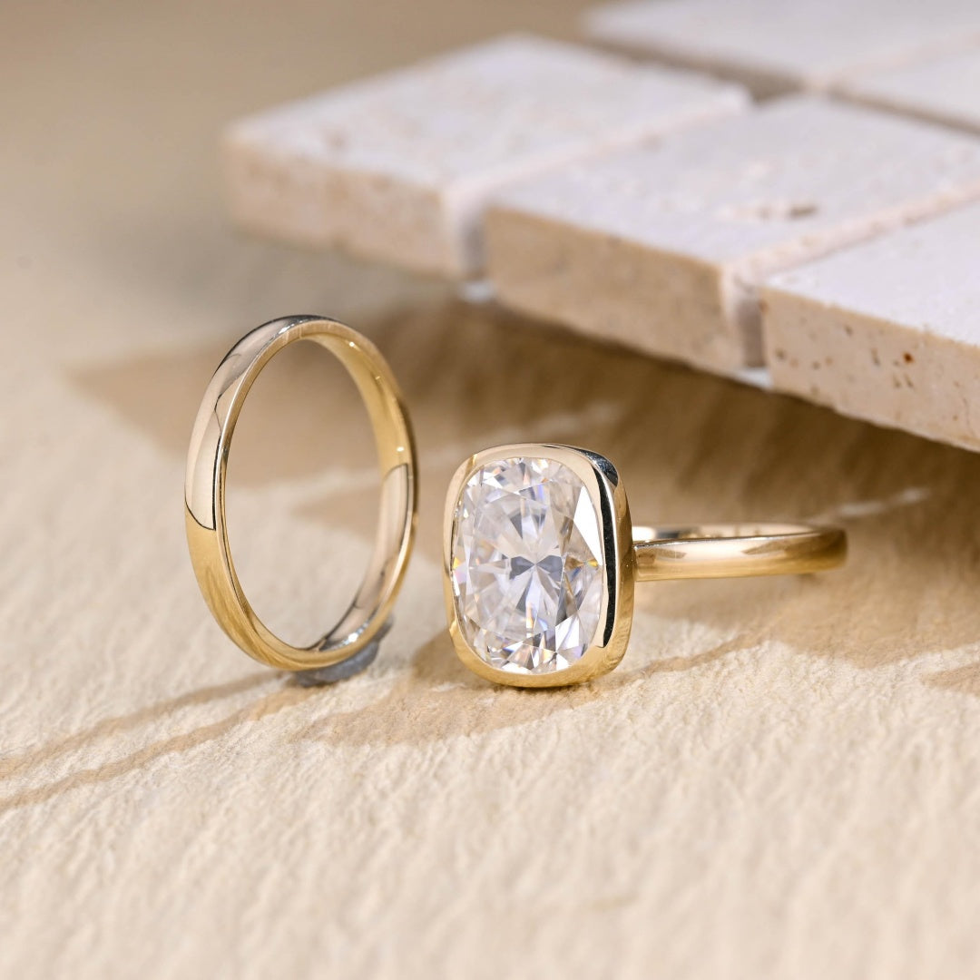 18K Gold Lab Grown Diamond CVD 2CT Elongated Cushion-Cut Bezel Setting Engagement Ring Set