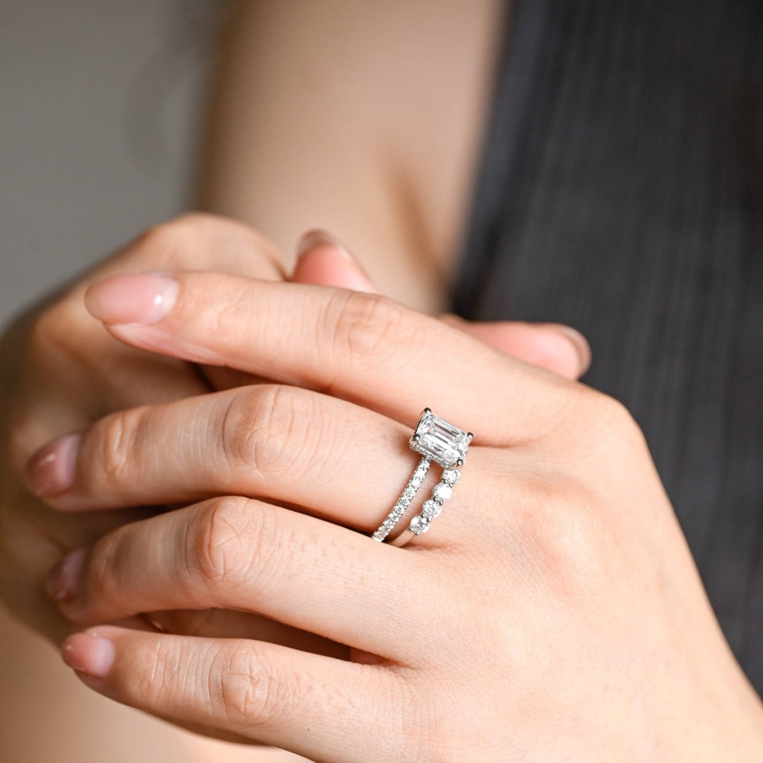 14K Gold Lab Grown Diamond CVD 2CT Emerald-Cut Engagement Ring Set For Birthday Gift