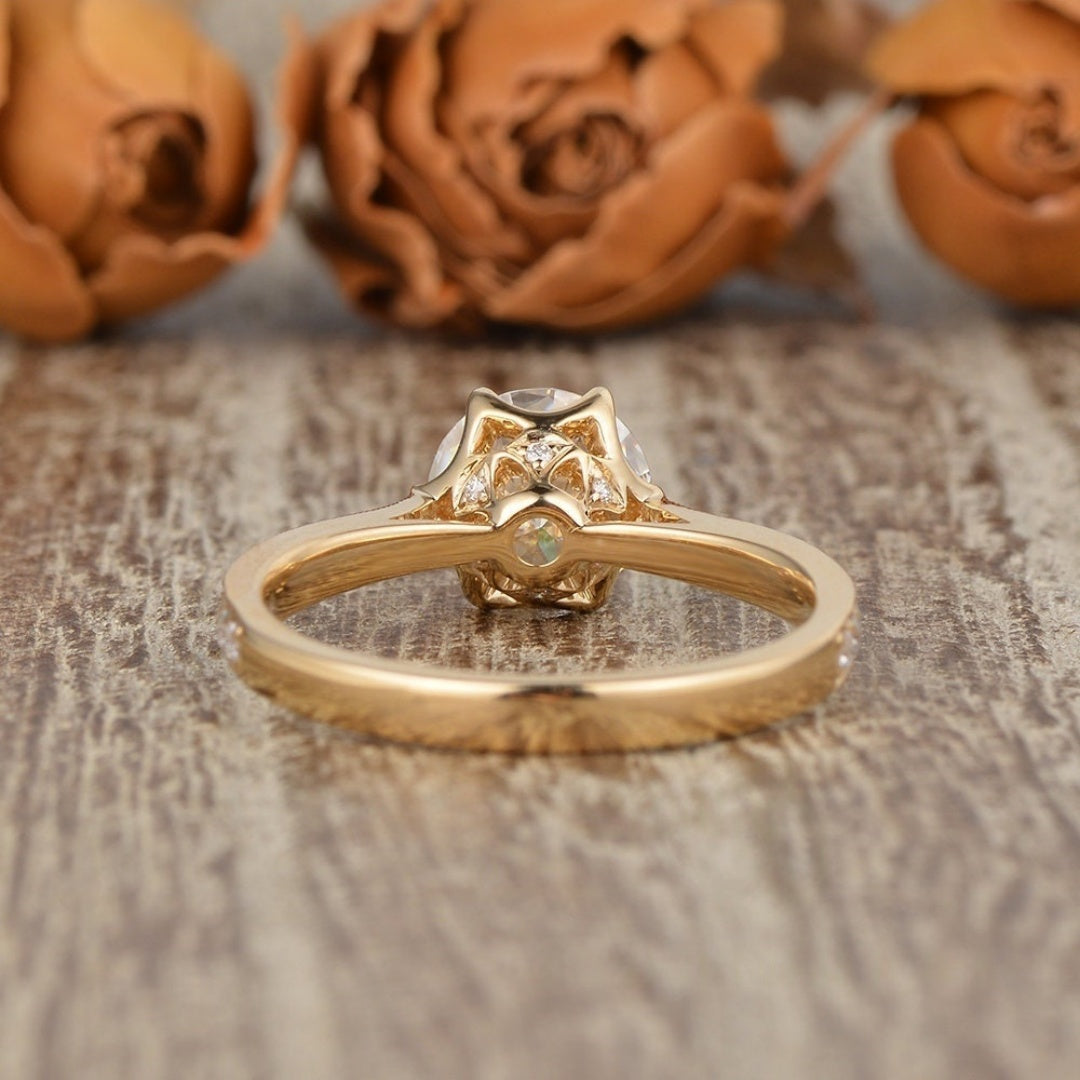 10K Gold Lab Grown Diamond CVD 3CT Round-Cut Six Prongs Flower Star Anniversary Tapered Milgrain Band Antique