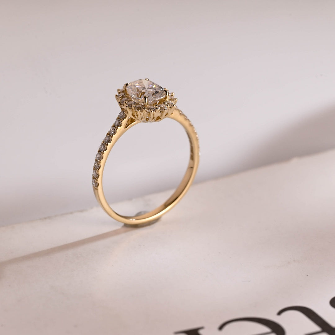 18K Gold Lab Grown Diamond CVD 1.5CT Oval-Cut Floral Halo Half Eternity Engagement Ring