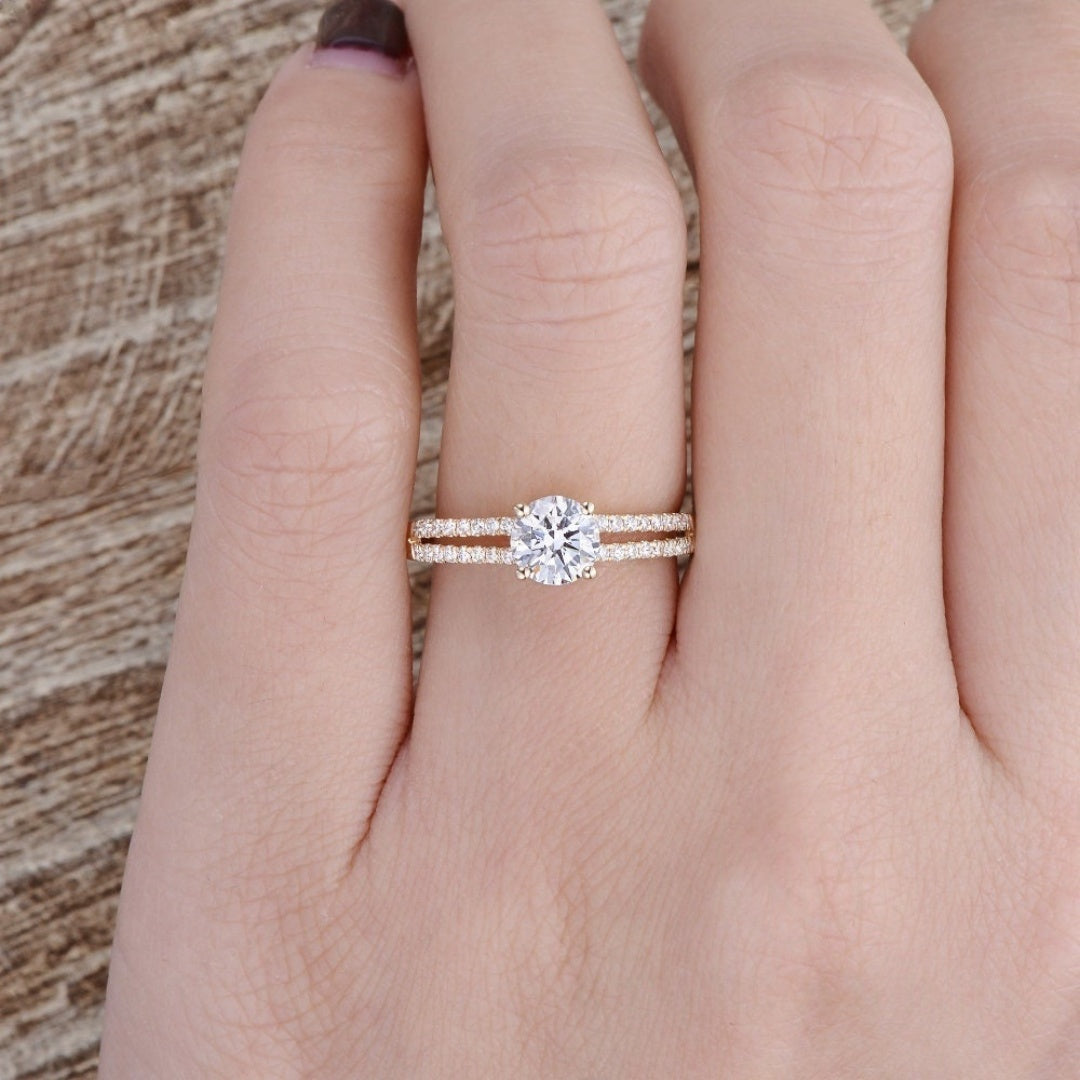 10K Gold Lab Grown Diamond CVD 2CT Round-Cut Bridal Ring Set For Her