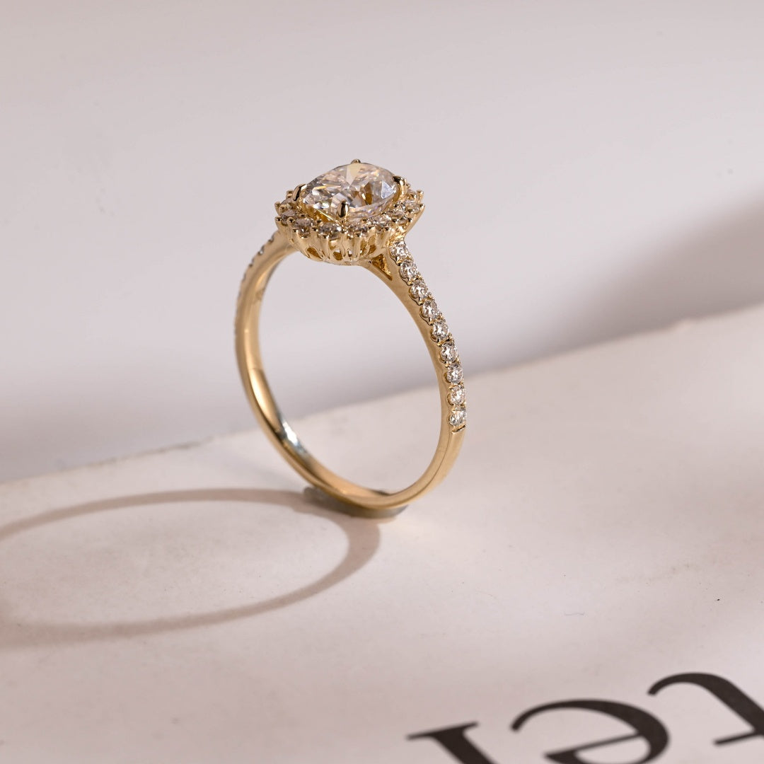 18K Gold Lab Grown Diamond CVD 1.5CT Oval-Cut Floral Halo Half Eternity Engagement Ring