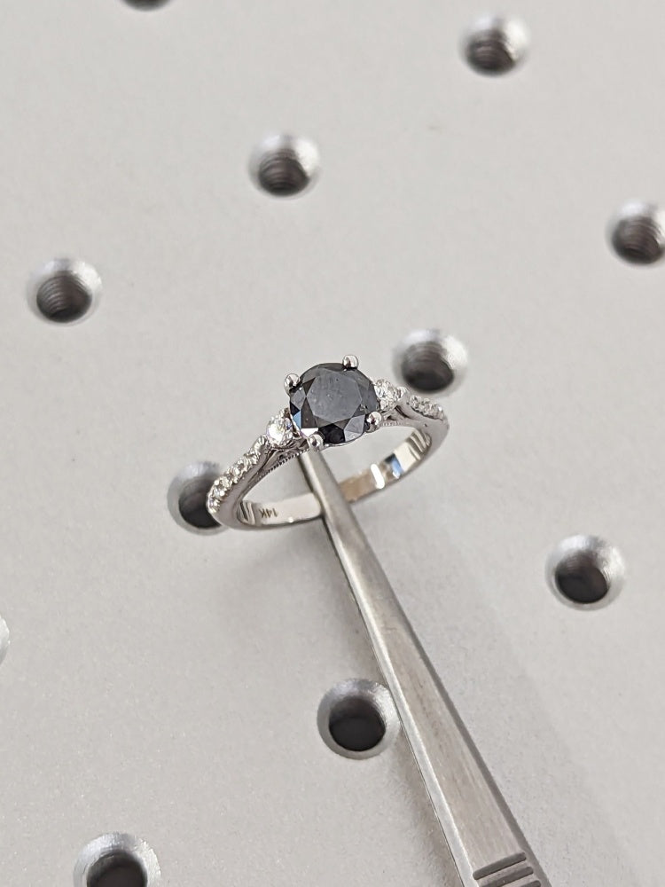 18k Gold Raw Salt and Pepper Diamond 1CT Round-Cut Vintage Engagement Ring