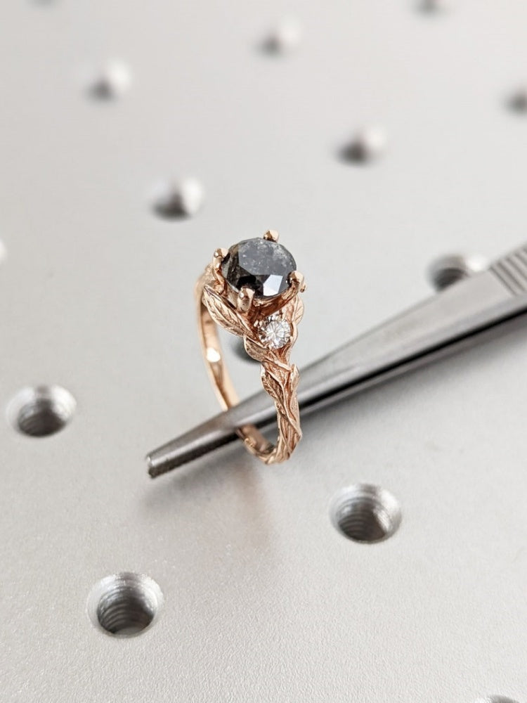 18k Gold Raw Salt and Pepper Diamond 1CT Round-Cut Engagement Ring