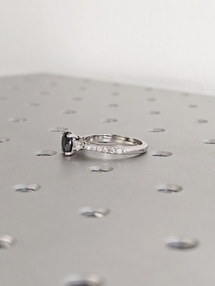 18k Gold Raw Salt and Pepper Diamond 1CT Round-Cut Vintage Engagement Ring