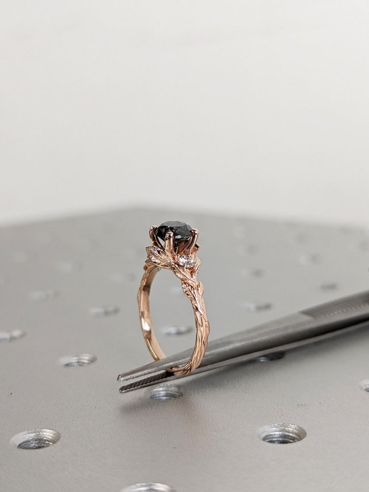 18k Gold Raw Salt and Pepper Diamond 1CT Round-Cut Engagement Ring