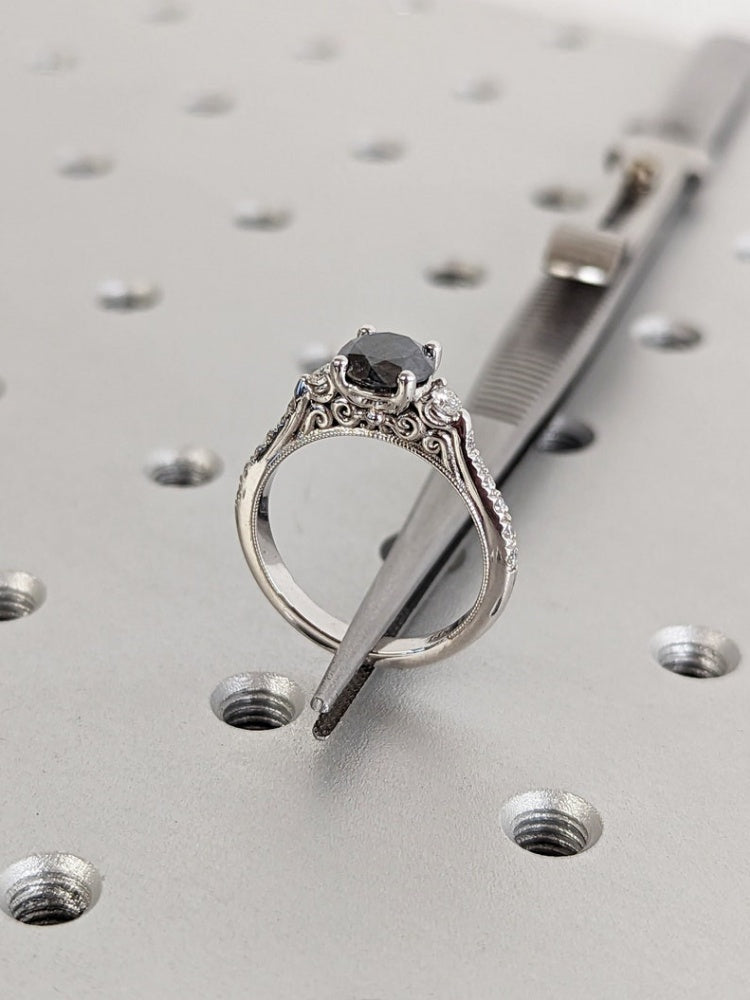 18k Gold Raw Salt and Pepper Diamond 1CT Round-Cut Vintage Engagement Ring