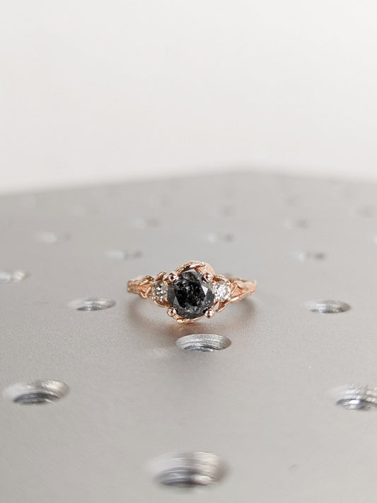 18k Gold Raw Salt and Pepper Diamond 1CT Round-Cut Engagement Ring