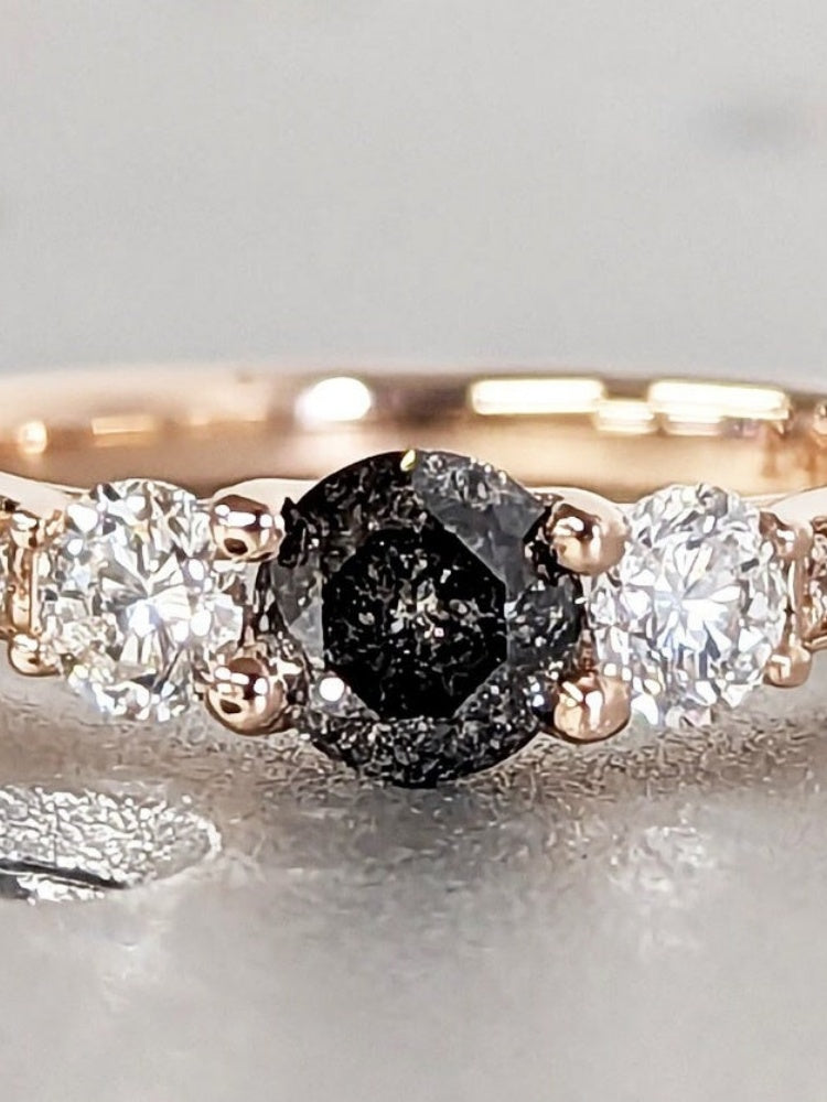 18k Gold Natural Salt Stone 1CT Round-Cut Unique Vintage Three Stone Engagement Ring