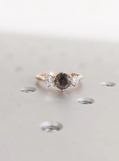 18k Gold Raw Salt and Pepper Diamond 1CT Round-Cut Rose Gold Polished Finished Three Stone Diamond Ring