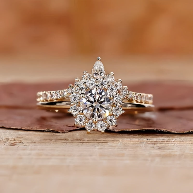 18K Gold Lab Grown Diamond CVD 1.5CT Round-Cut Sunflower Bridal Ring Set For Wedding Gift