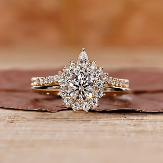 18K Gold Lab Grown Diamond CVD 1.5CT Round-Cut Sunflower Bridal Ring Set For Wedding Gift