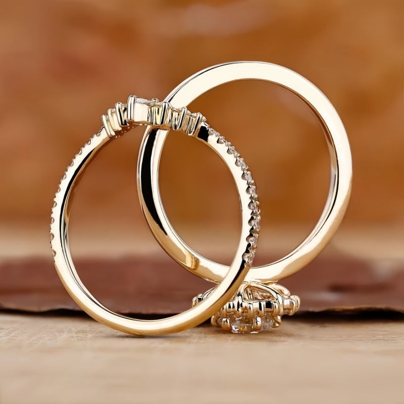 18K Gold Lab Grown Diamond CVD 1.5CT Round-Cut Sunflower Bridal Ring Set For Wedding Gift