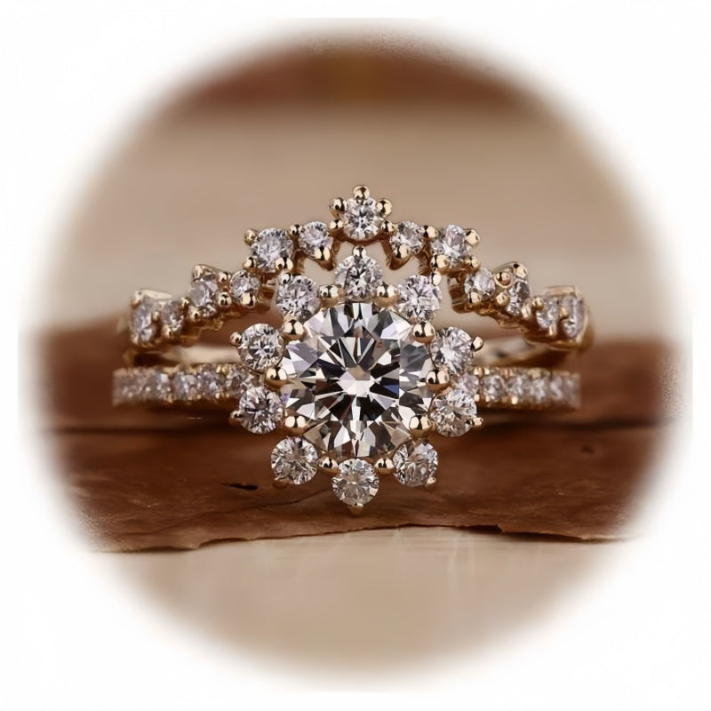 10K Gold Lab Grown Diamond CVD 1CT Round-Cut Sunflower Style Engagement Ring Set