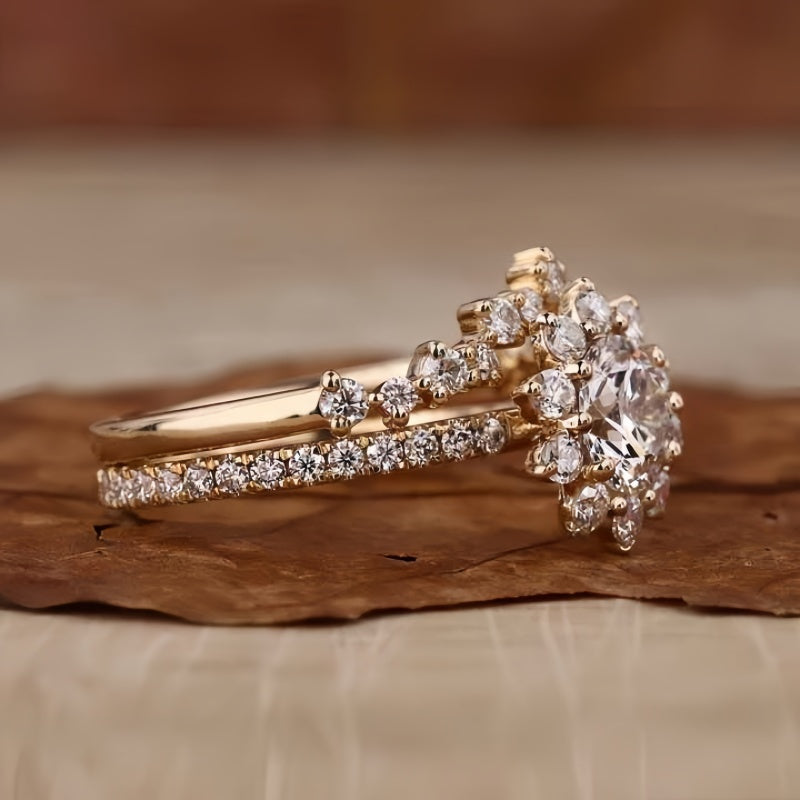 10K Gold Lab Grown Diamond CVD 1CT Round-Cut Sunflower Style Engagement Ring Set