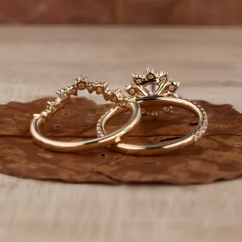 10K Gold Lab Grown Diamond CVD 1CT Round-Cut Sunflower Style Engagement Ring Set