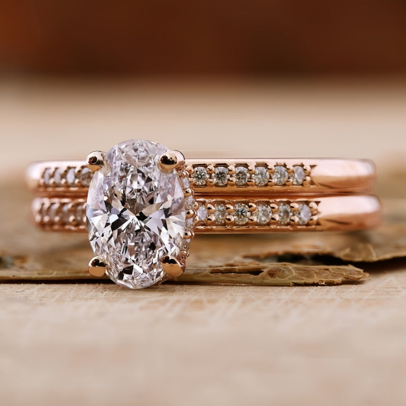 14K Gold Lab Grown Diamond CVD 2CT Oval-Cut Halo Half Etrenity Engagement Ring Set
